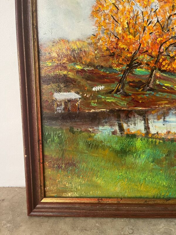 Automne au lac, huile sur toile signé Lucien Bertrand
