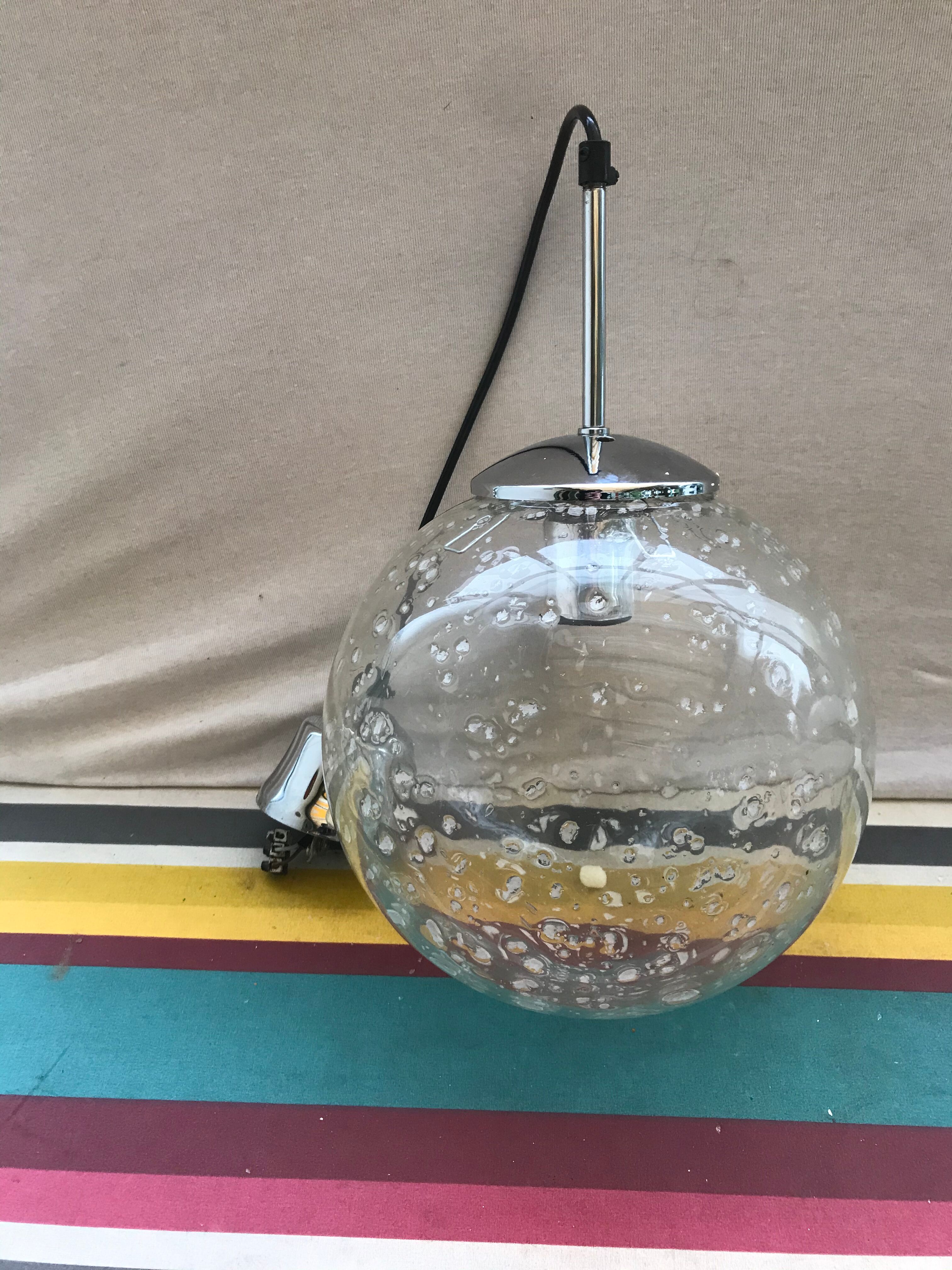 Old glass ball suspension with white inclusions - vintage chrome support