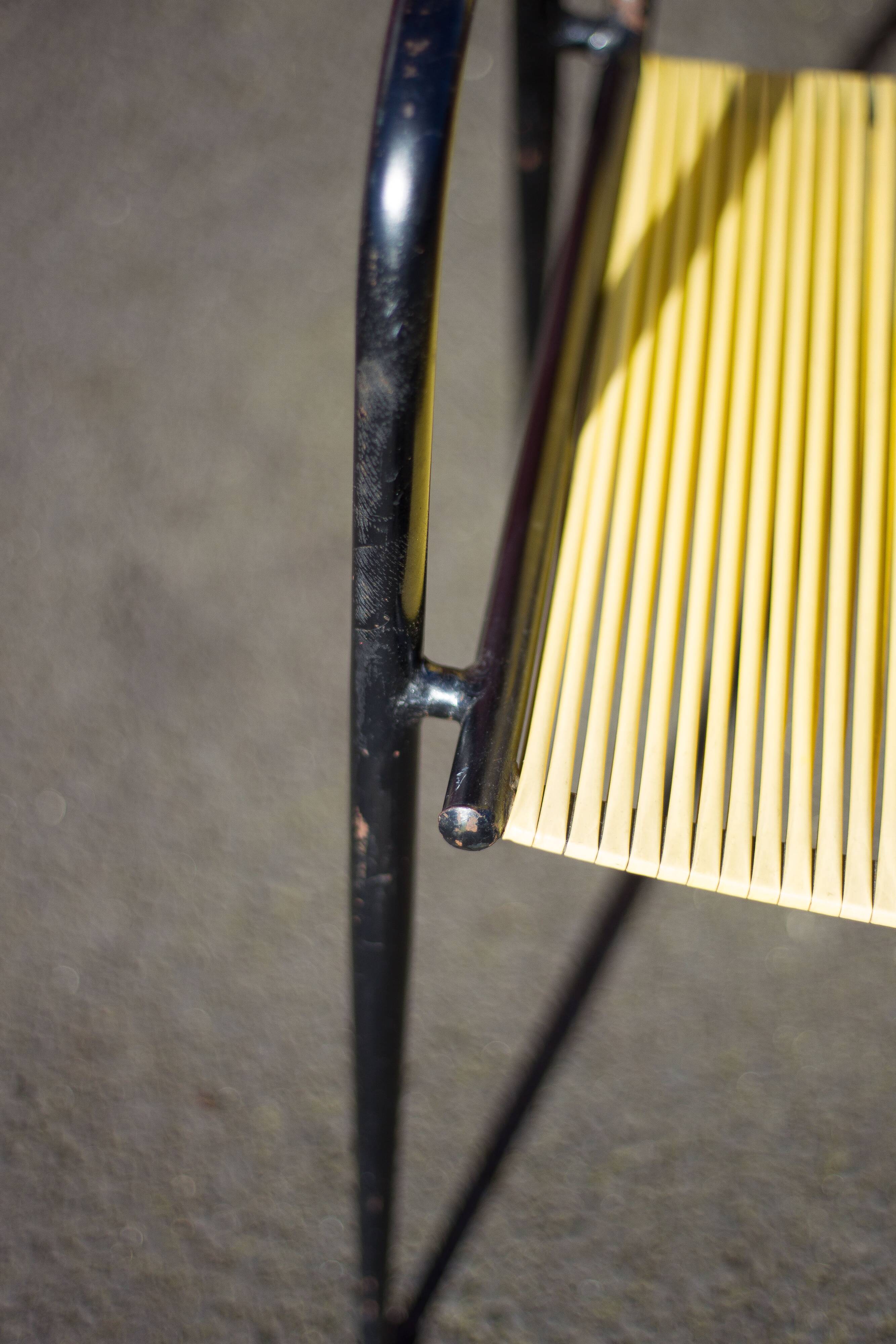 Scoubidou armchair, black metal armchair and yellow plastic wires, vintage chair