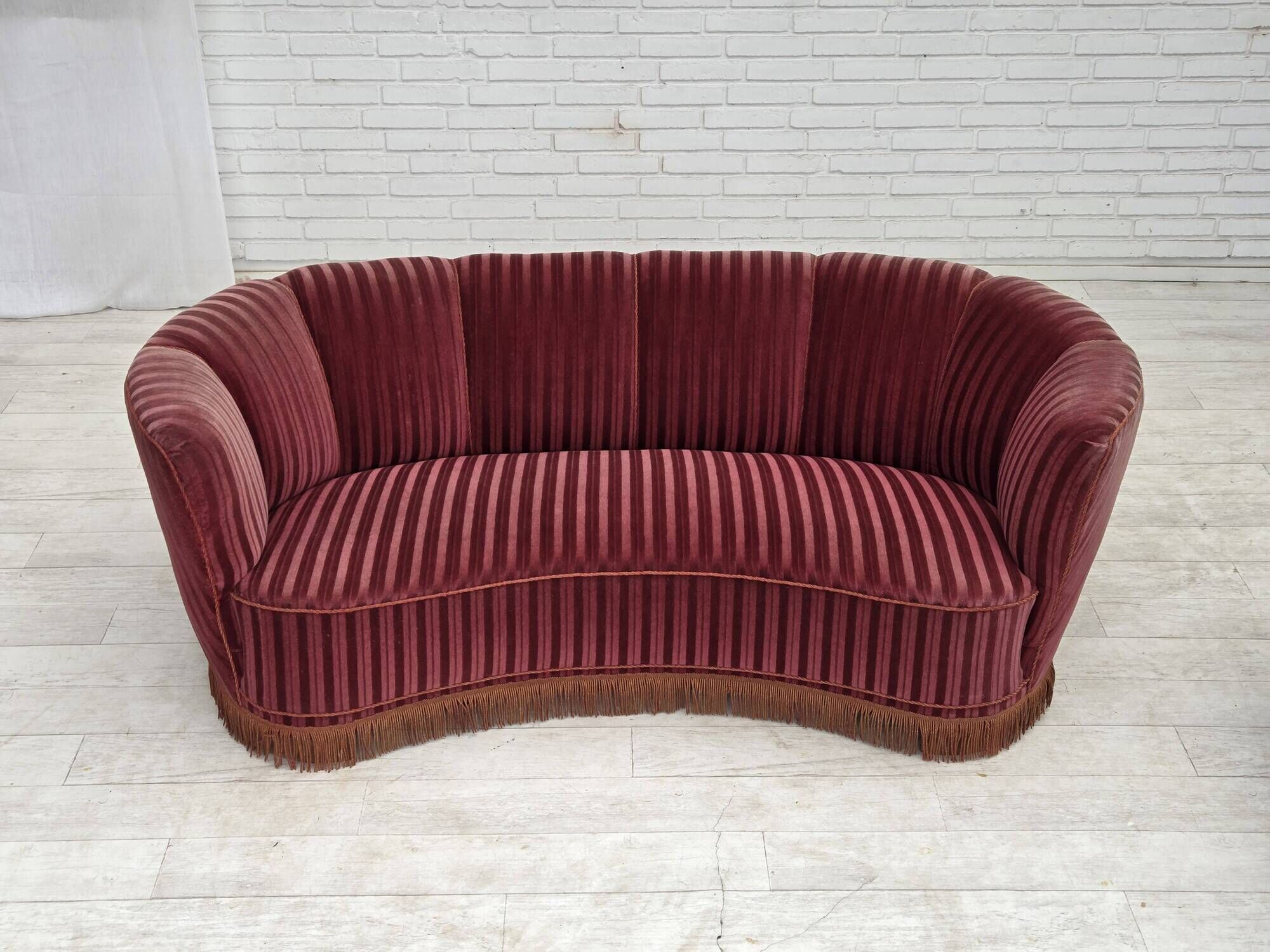 1960s, Danish 2-seater "Banan" sofa, furniture velour, oak wood.