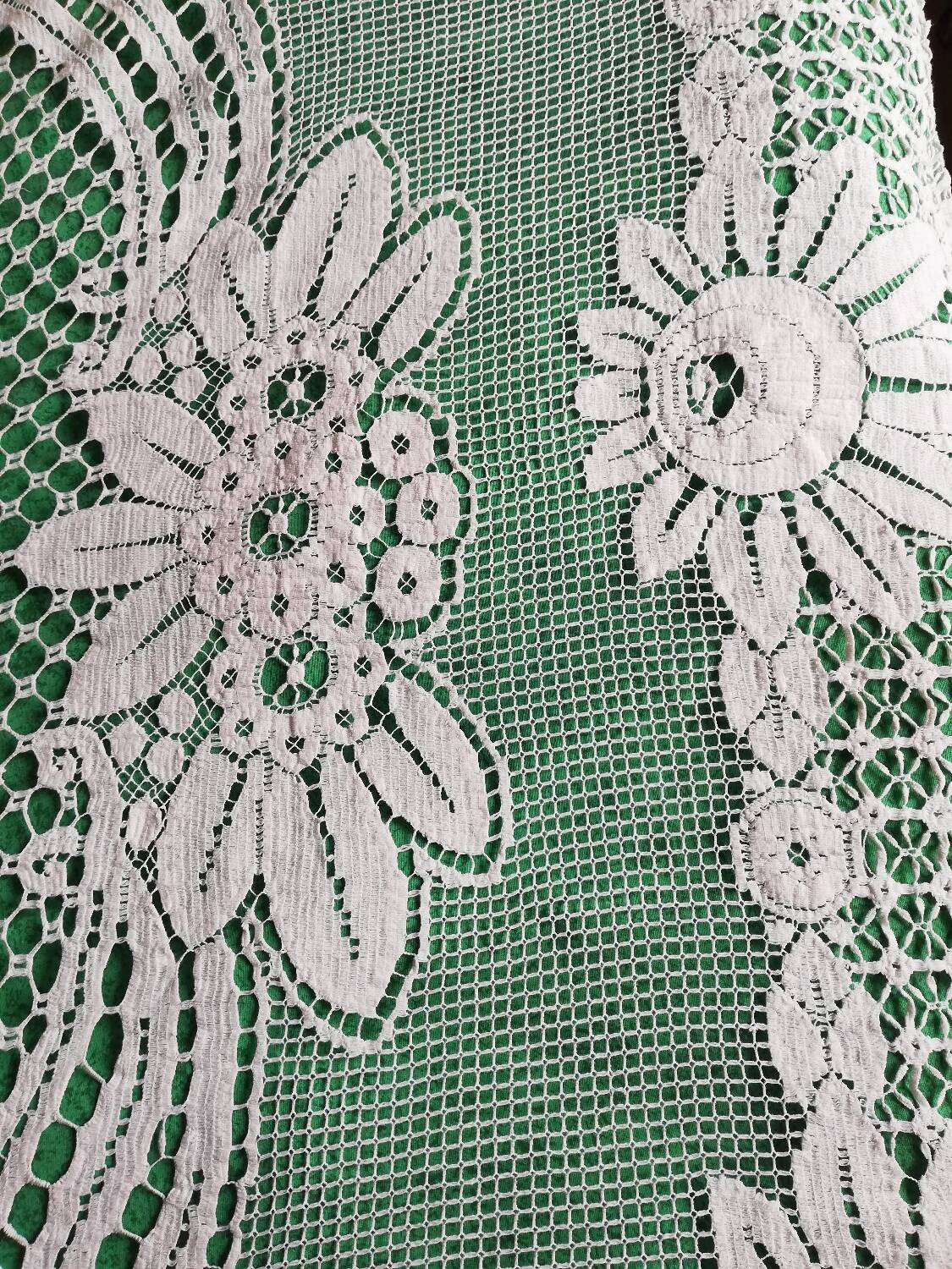 Bedspread, vintage crochet, openwork flowers, square stitches.