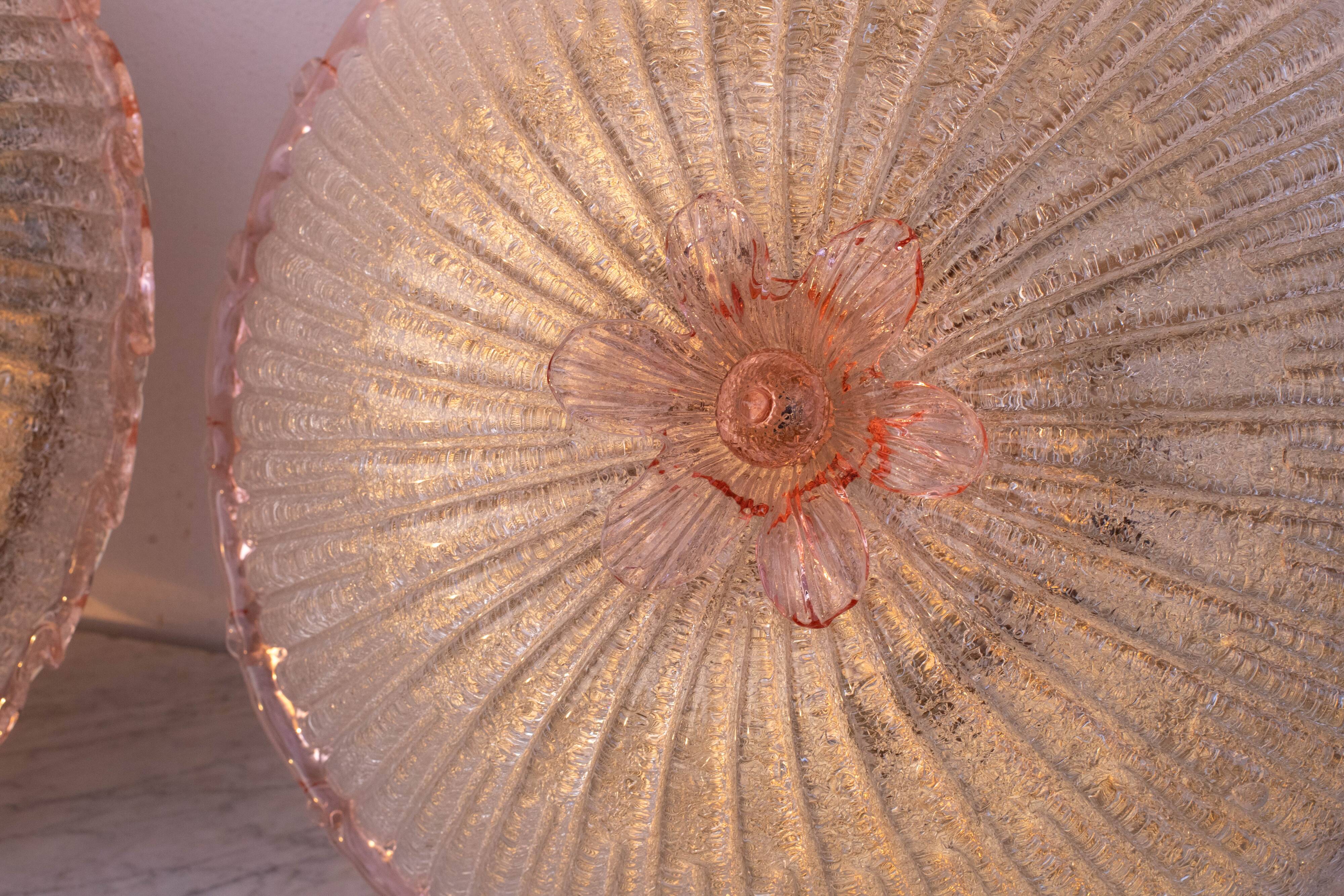 Set of 2 Large Size iItalian Pink and Murano Glass Ceiling Flower