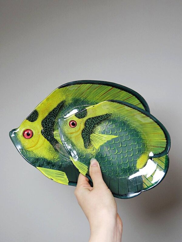 Paire de vide-poches poissons tropicaux vintages Allemands laqués main