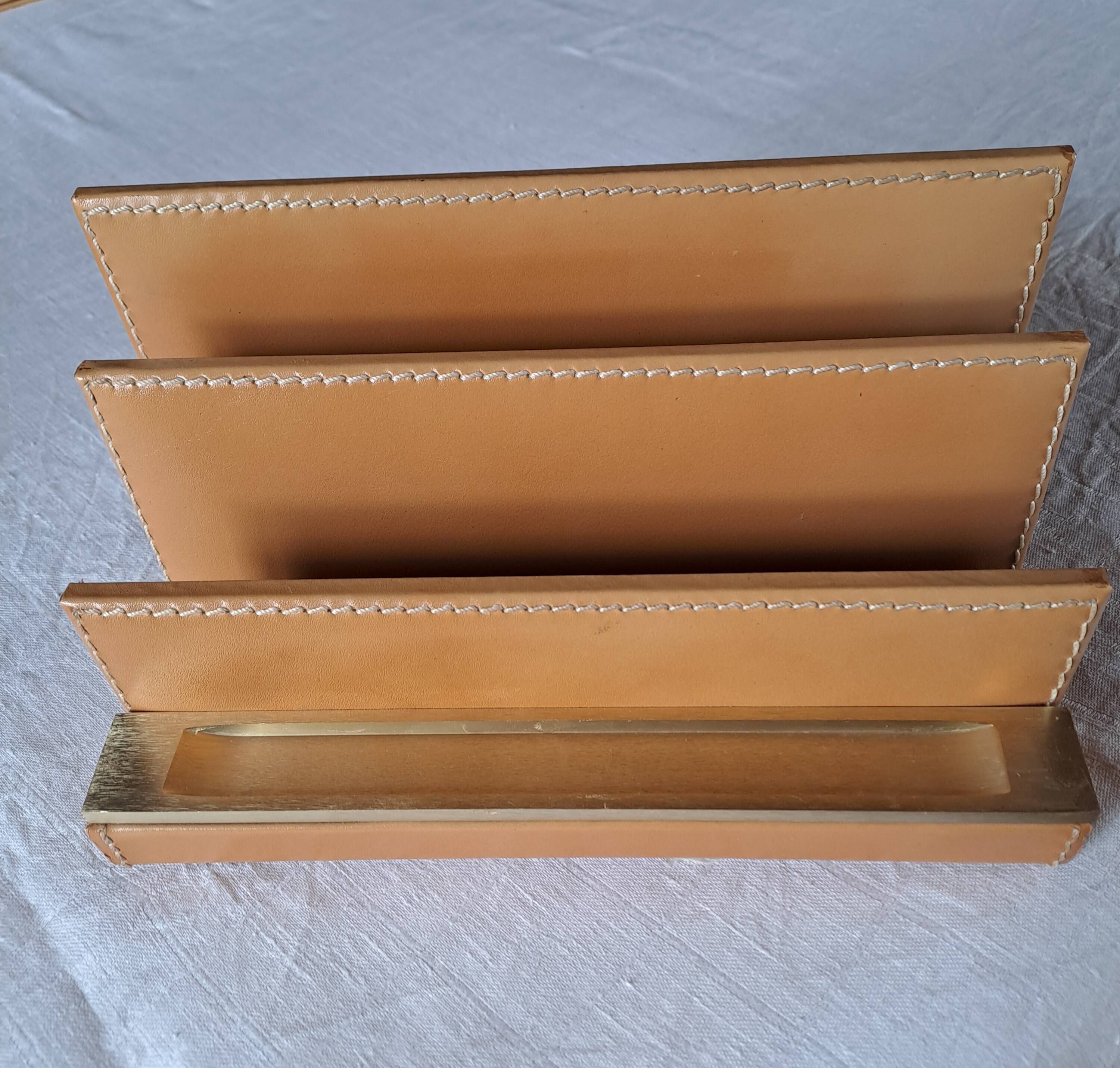Nécessaire De Bureau Vintage En Cuir Marron – Corbeille à Courrier, Tampon, Buvard – France