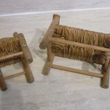 Bench and armchair in wood and straw for doll