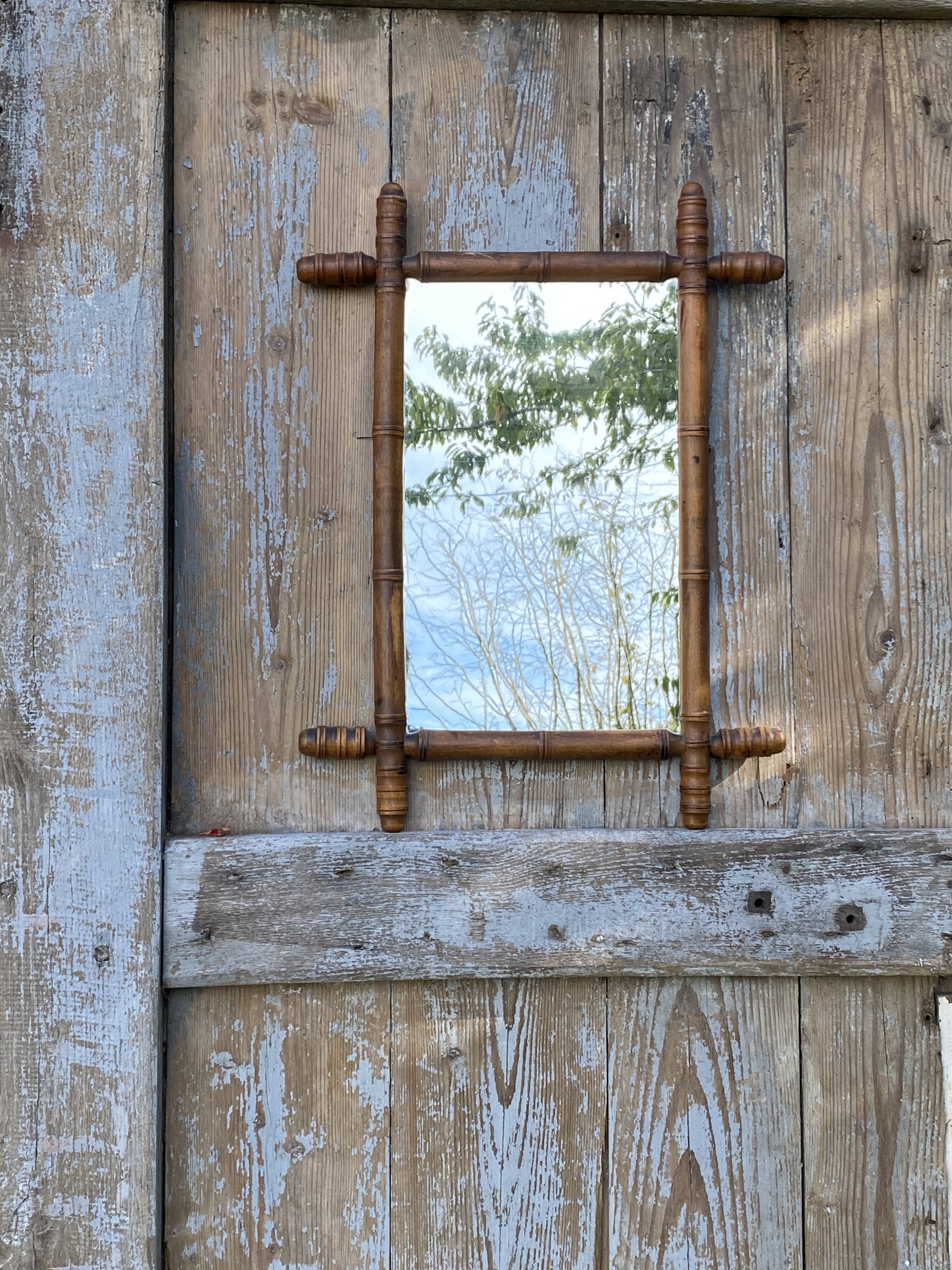 Bamboo-style wooden mirror, 54 x 48 cm