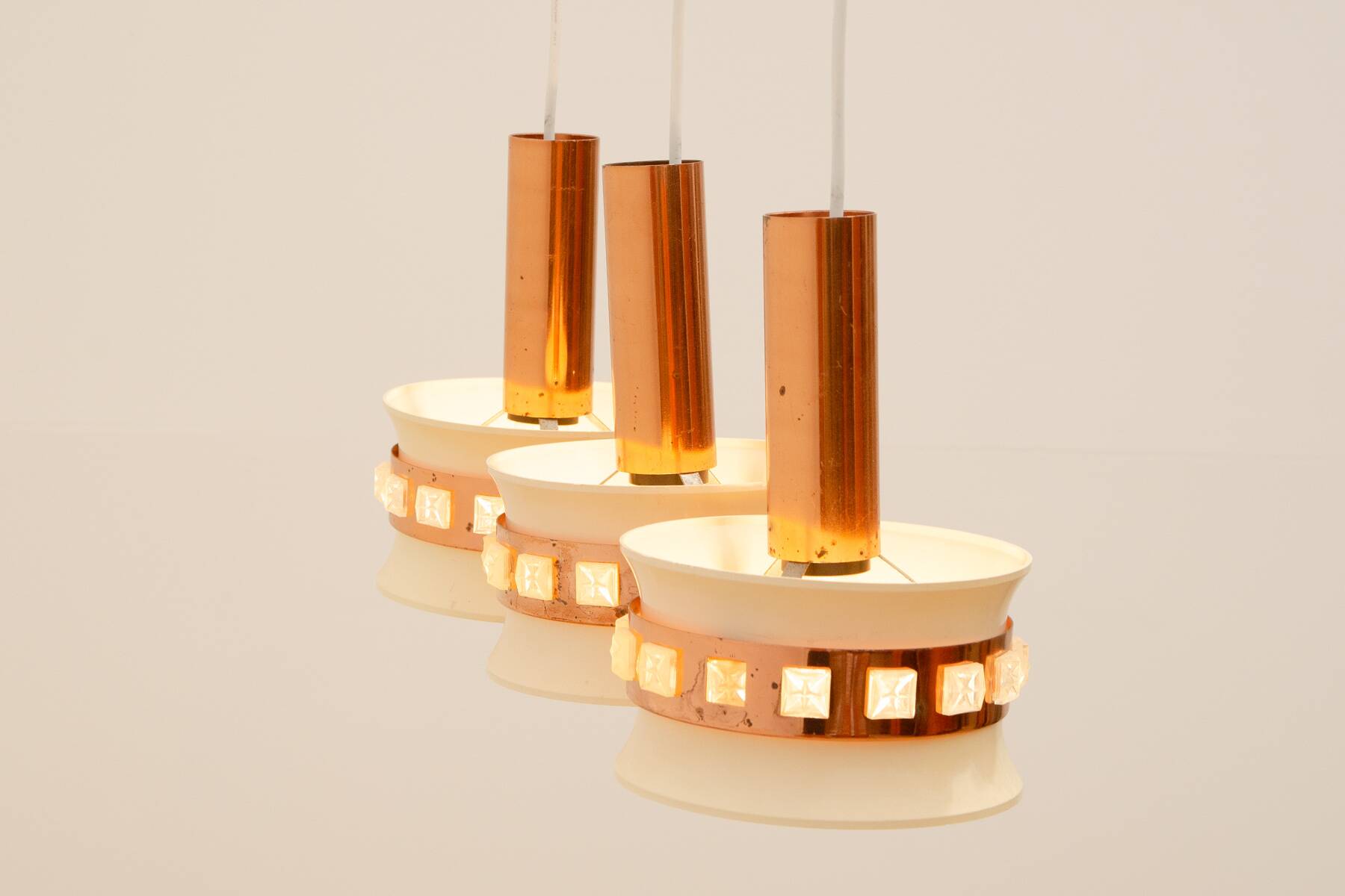 Vintage hanging lamp with three cut glass lampshades, Kamenický Šenov, 1970´s