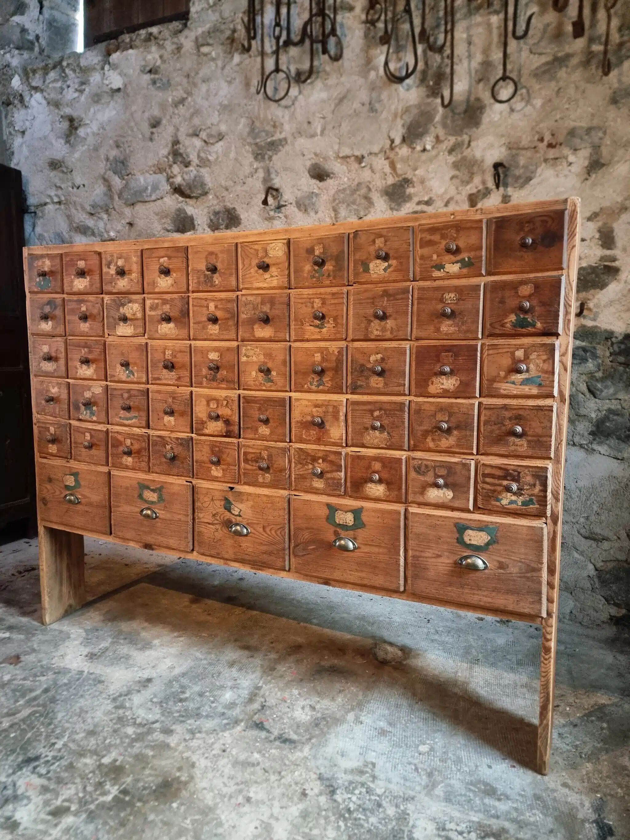 Antique pine drawer cabinet with 50 drawers, apothecary or hardware, 19th century