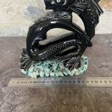 Sculpture poisson vintage céramique barbotine noir ancien art déco XXème