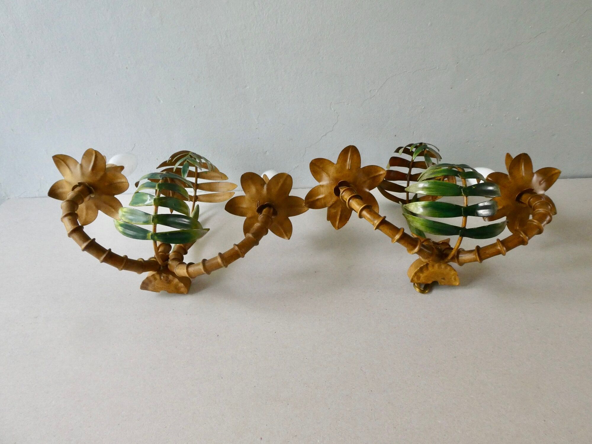 Pair of bamboo and palm sconces in metal 70s