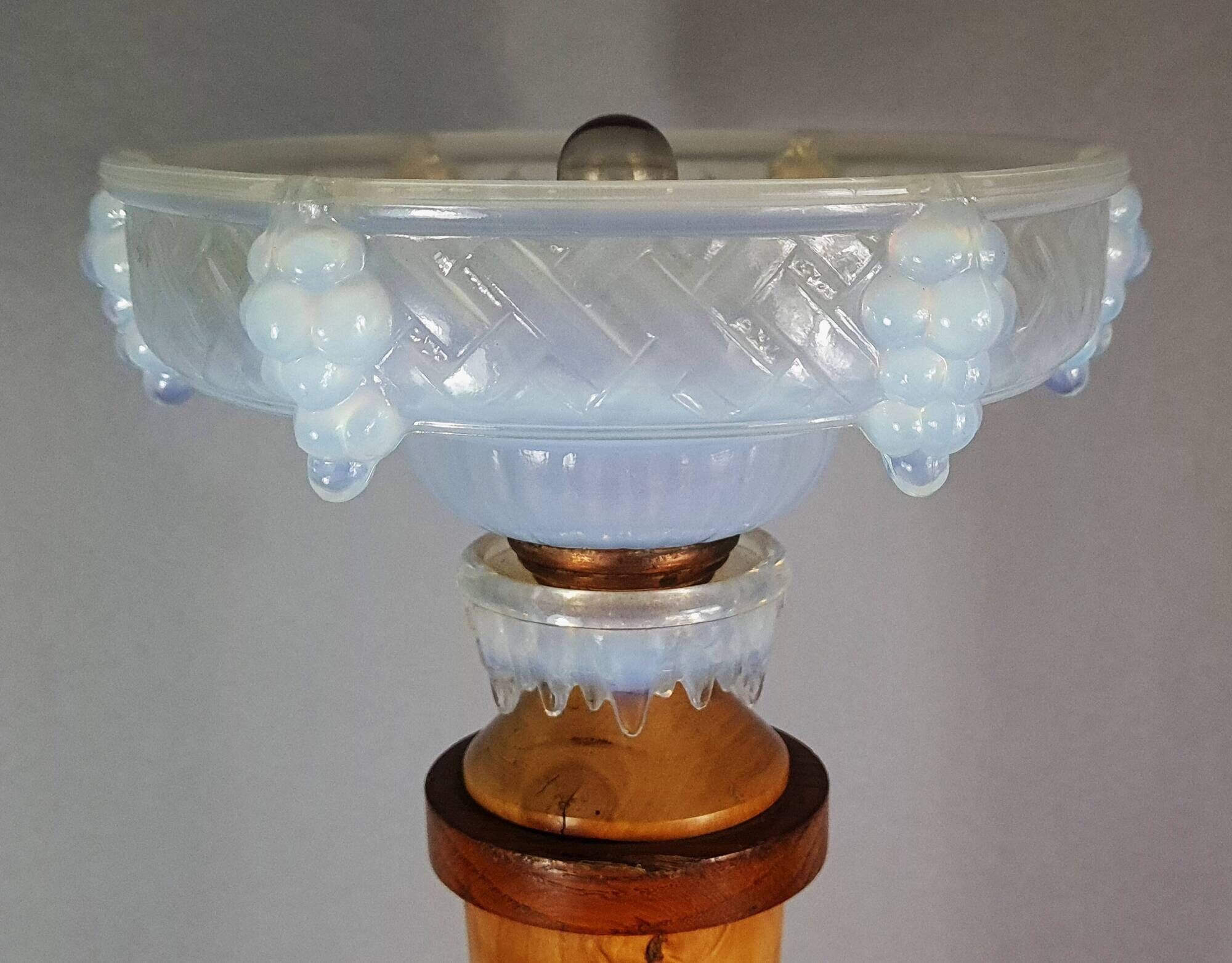 Antique opalescent glass and wood lamp, attributed to Ezan, 61 cm, C786