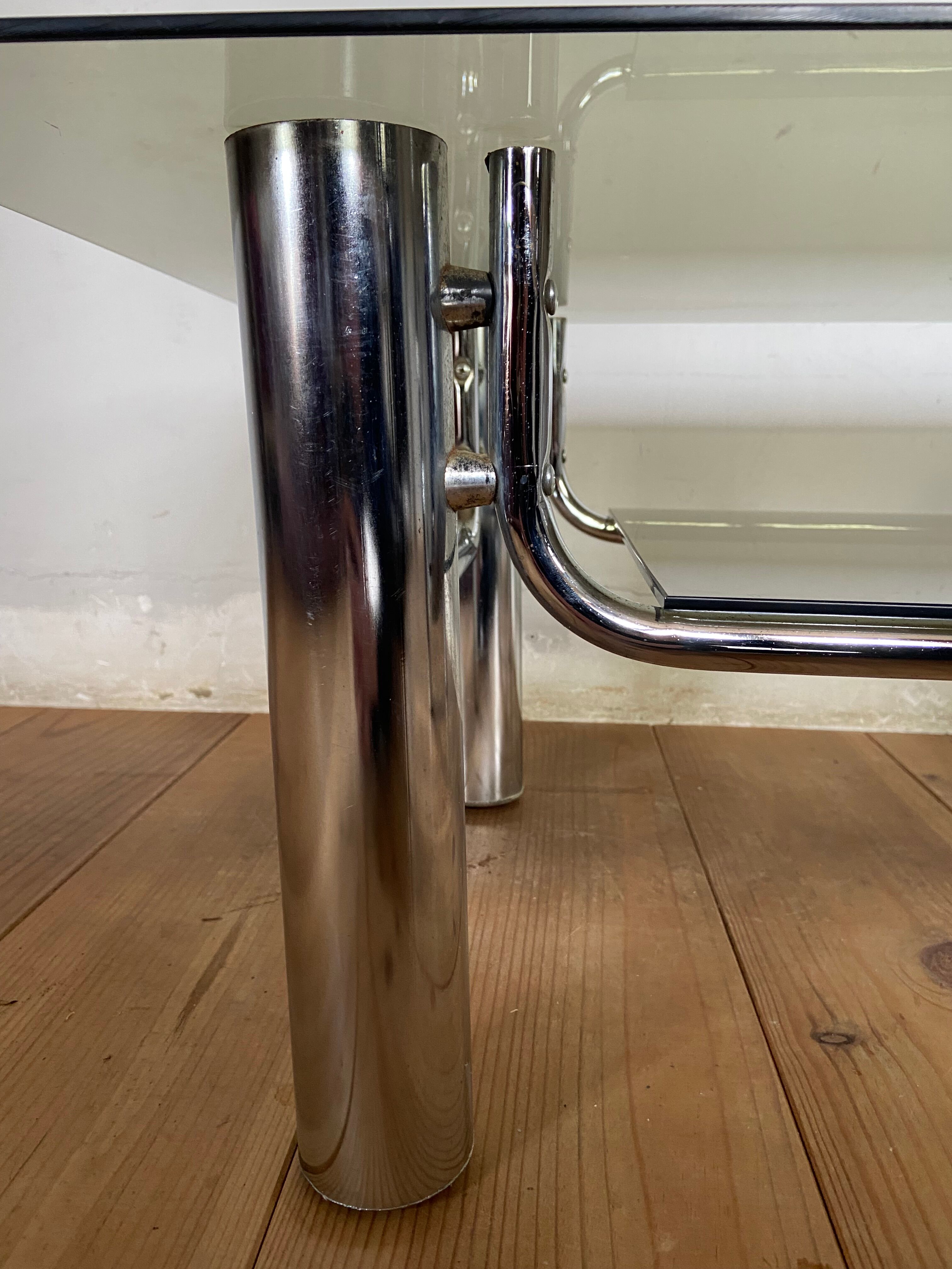 Coffee table chrome and smoked glass design 70s