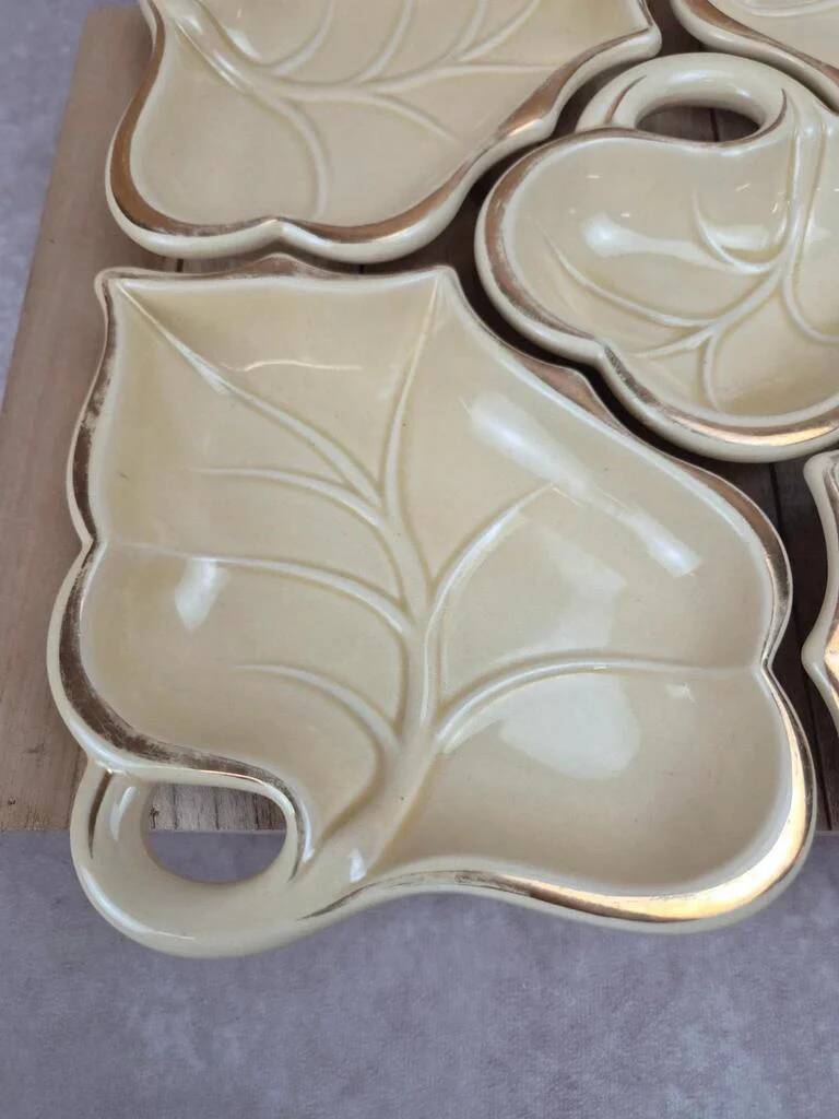 Vintage aperitif service 5 leaf bowls – Poët Laval art ceramics – gilding