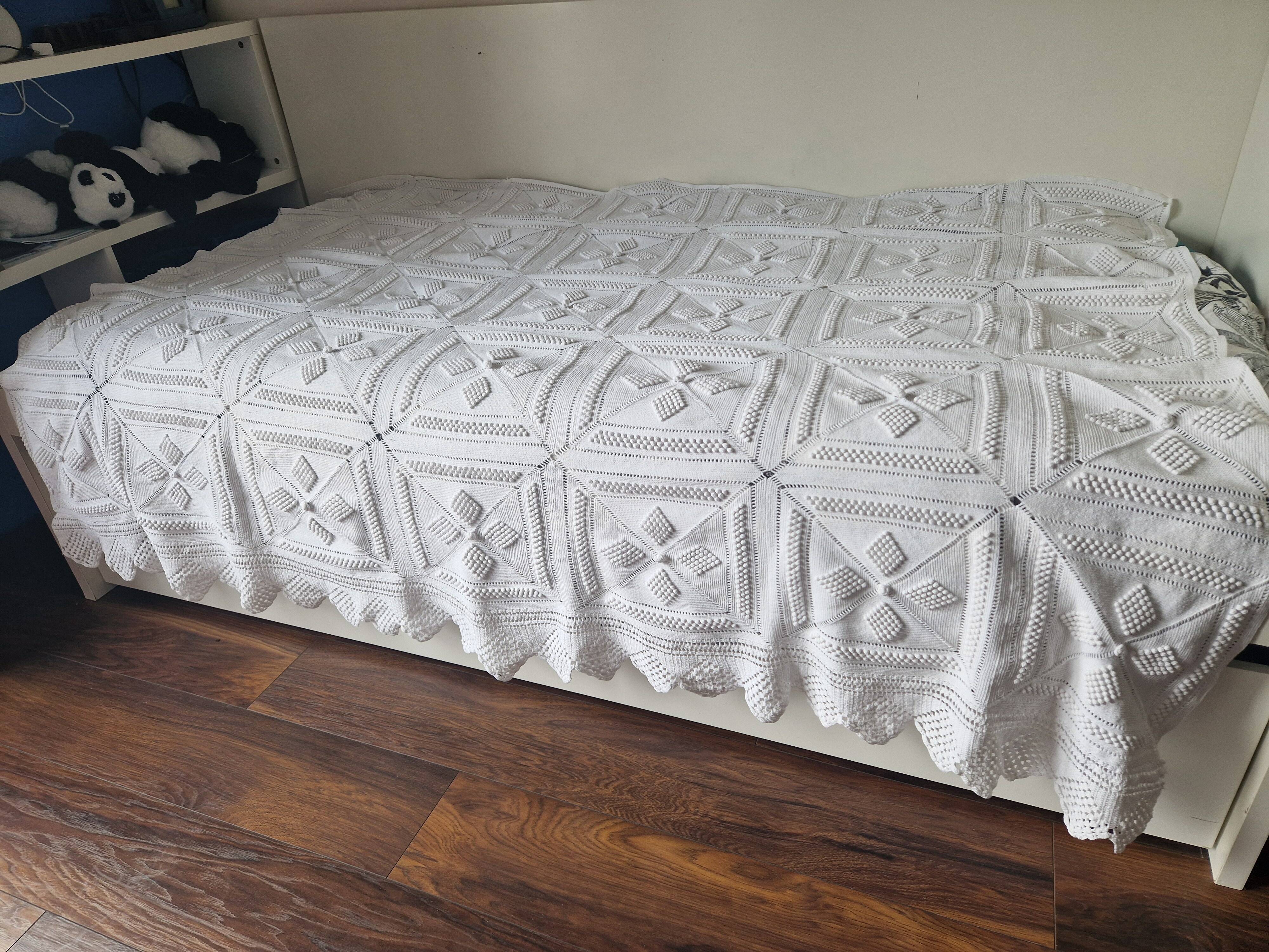Antique handmade white cotton crochet bedspread