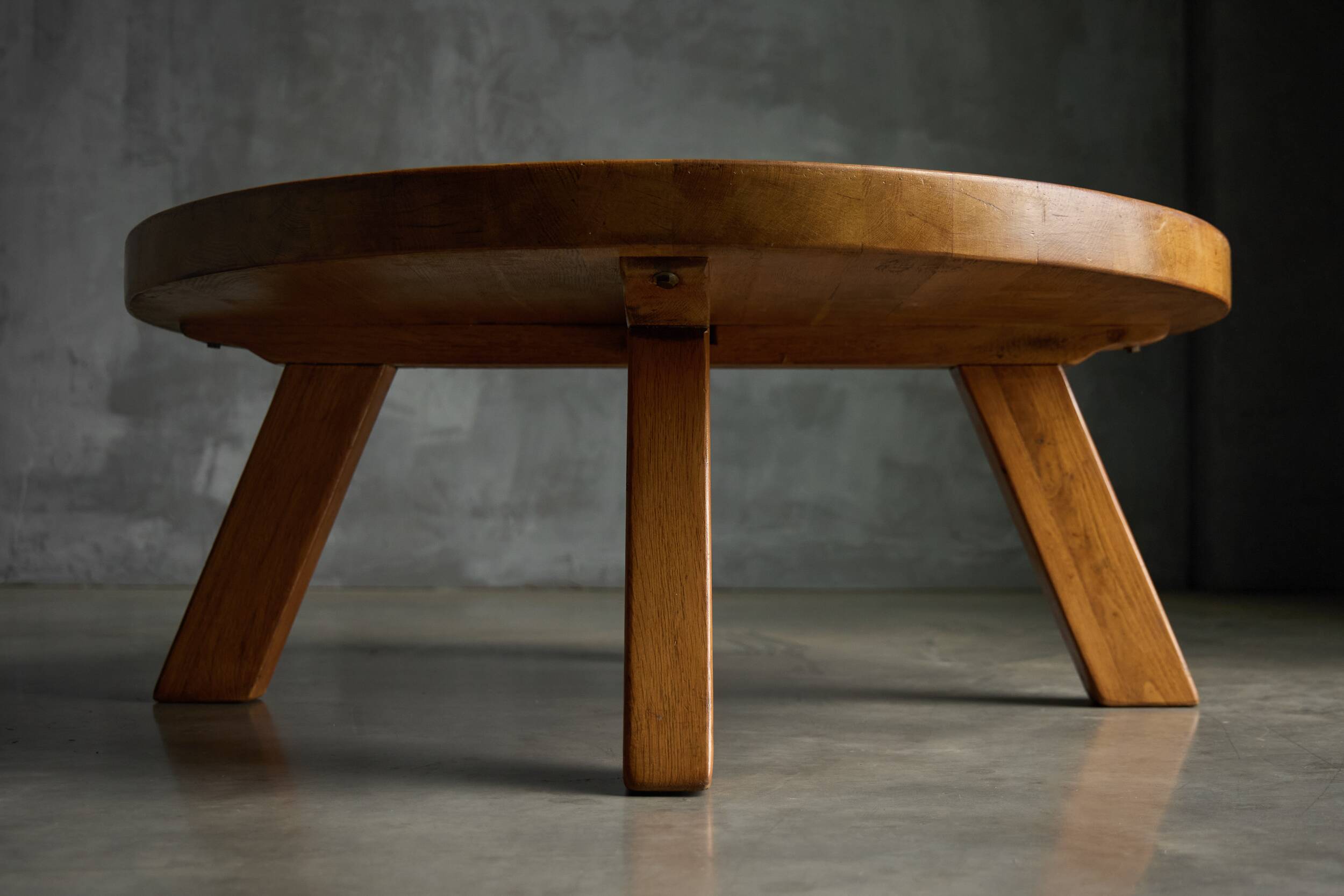 Brutalist Round Coffee Table in Solid Wood, France, 1960s