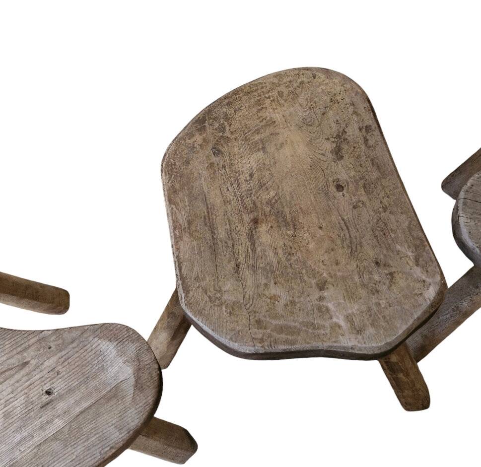 Duo of brutalist wooden chairs and a stool 1960
