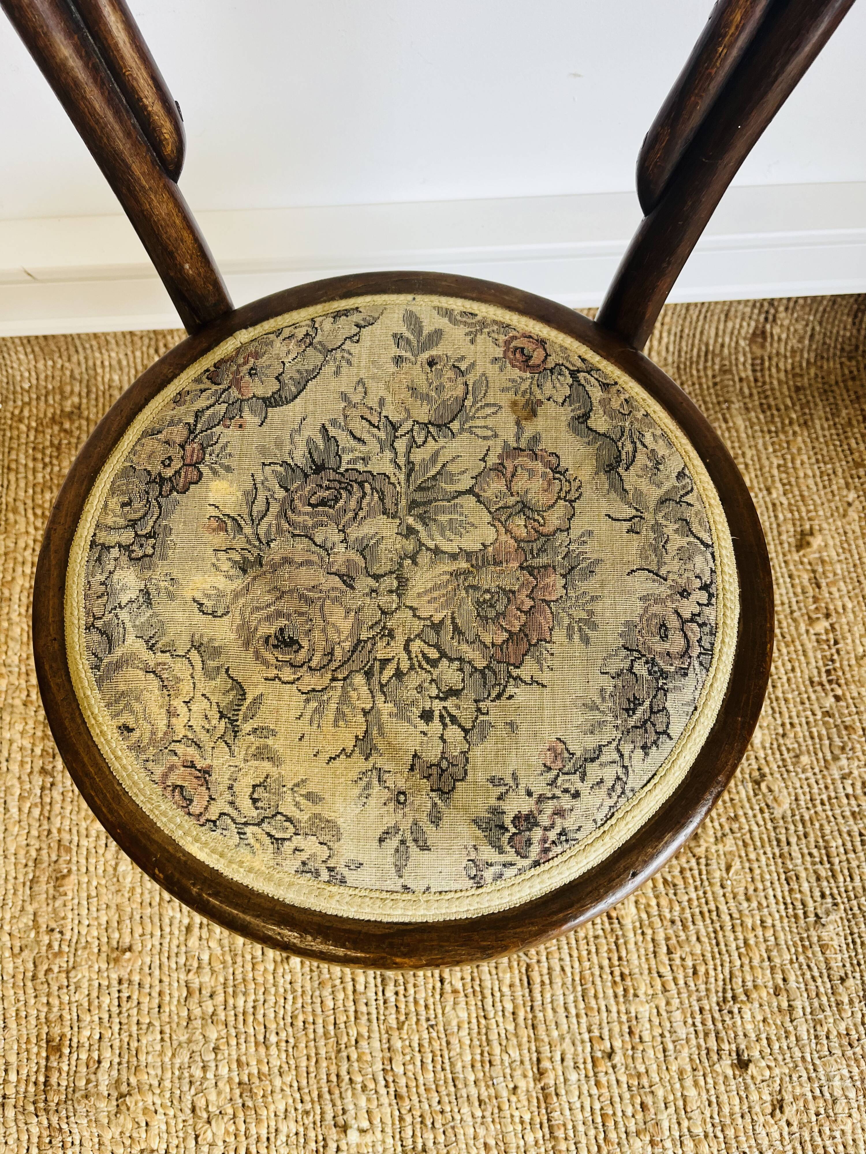 Pair of vintage bistro chairs – bentwood – floral upholstered seat