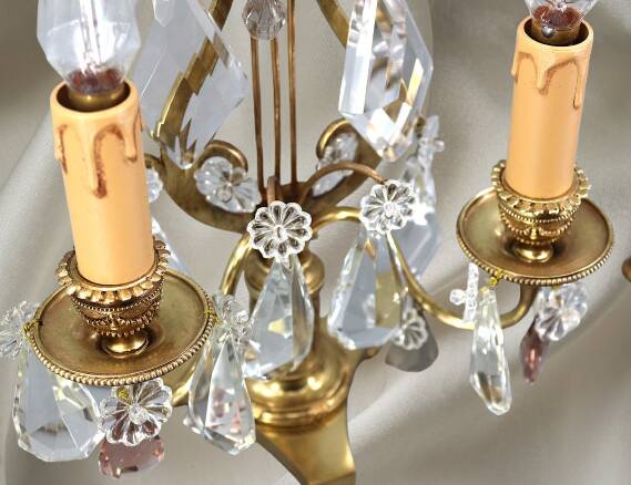 Paire Chandelier/Girandole Lyre en Bronze & Cristal Style Louis XVI