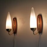 Pair of Danish wall lamps in teak and opaline 1960