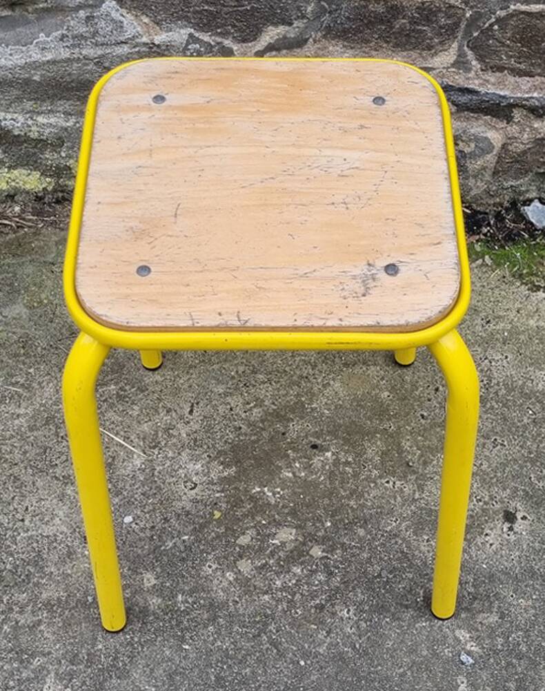 Industrial stool, square, yellow. wood and metal, vintage