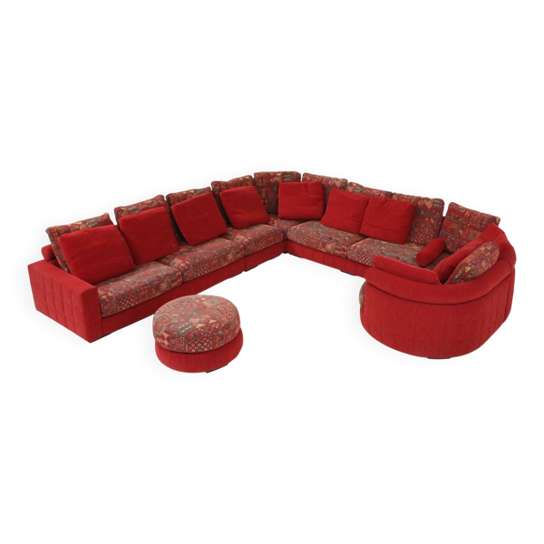 Canapé modulaire en rouge et tissu à motifs par Roche Bobois, France, années 1980.