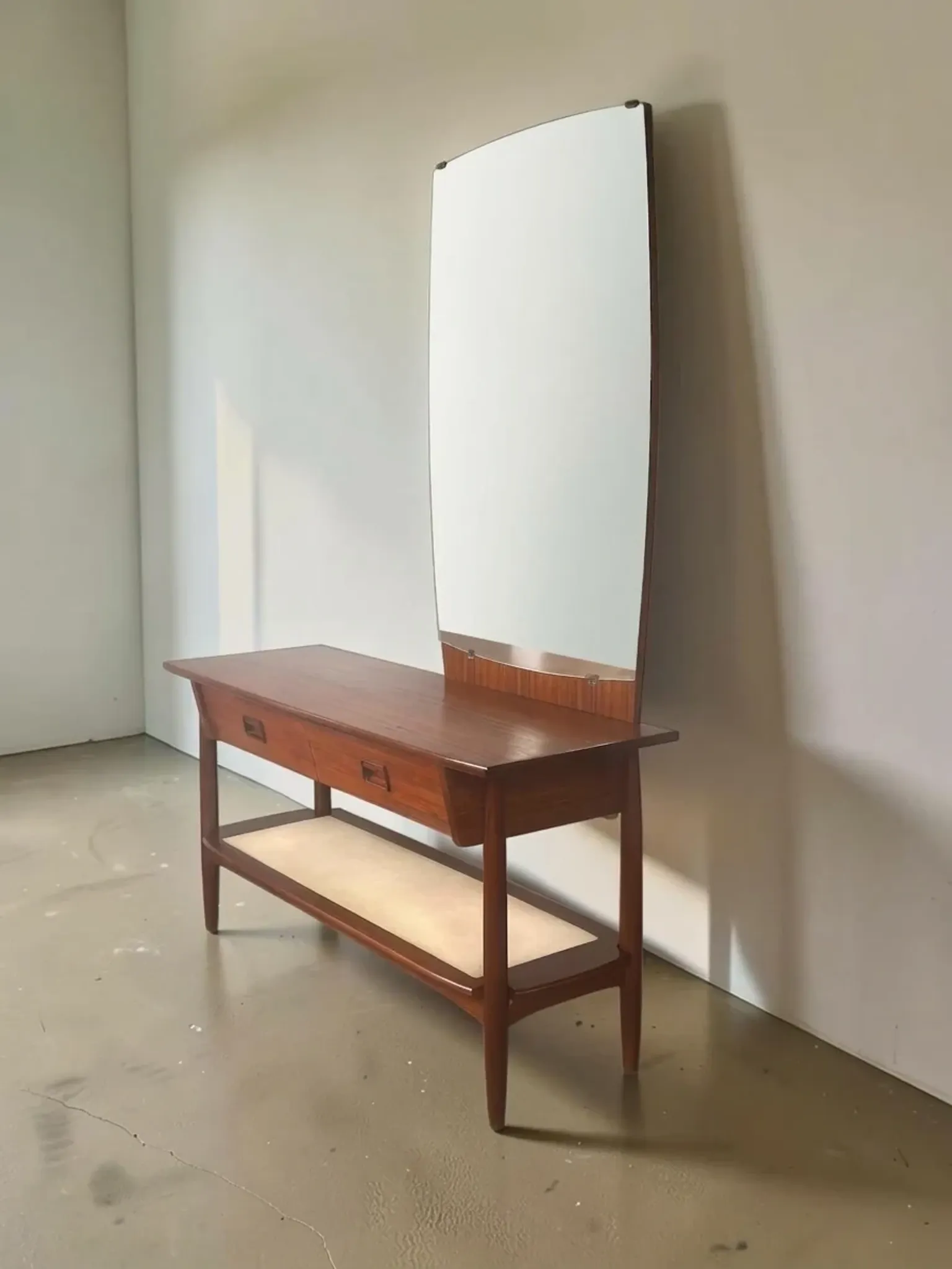 Vintage teak dressing table with mirror and drawers.