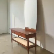 Vintage teak dressing table with mirror and drawers.