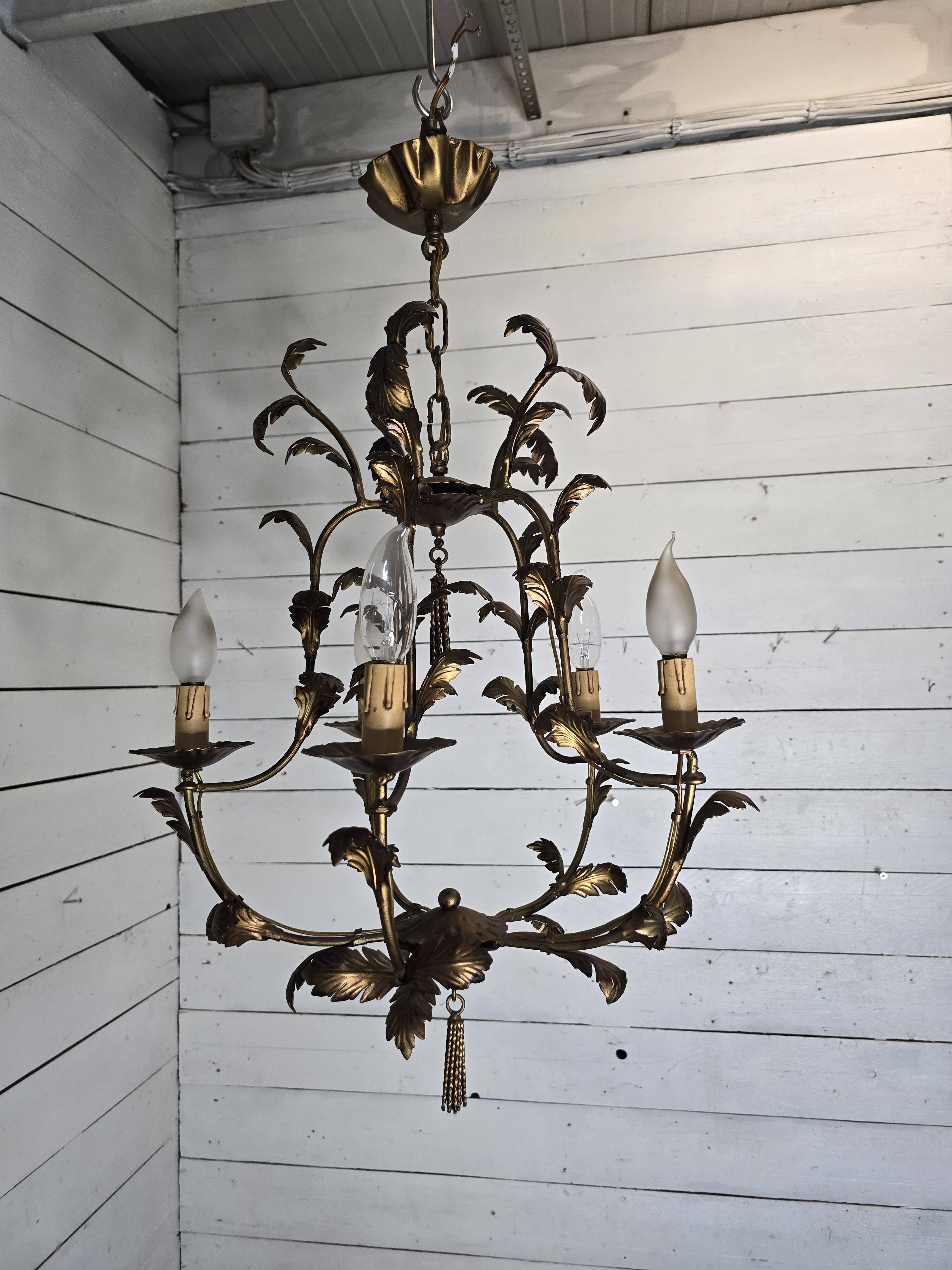 Vintage 5-light foliage chandelier in gold metal