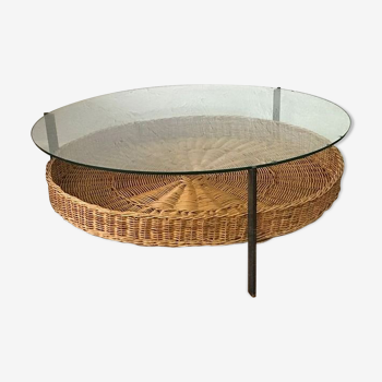 Coffee table with glass tray and wicker basket