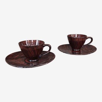 Mid century french set of two cups with their saucers, faïence salins, model bahamas