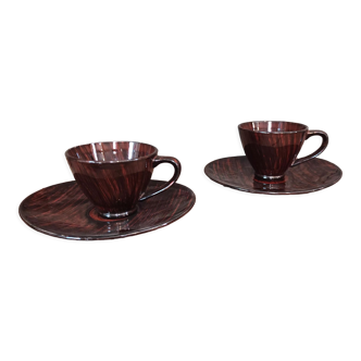 Mid century french set of two cups with their saucers, faïence salins, model bahamas