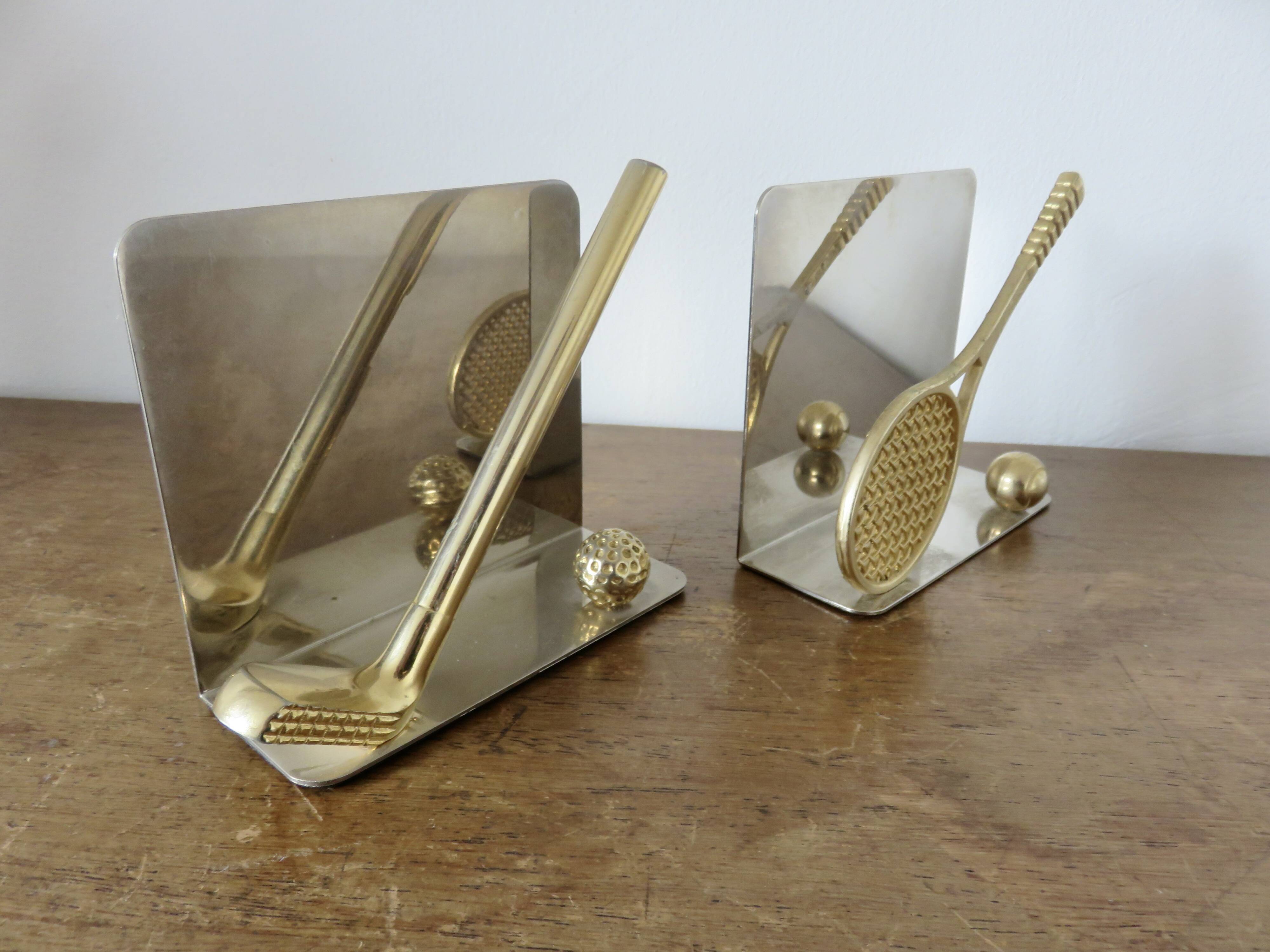 Serre livres en métal chromé et laiton "tennis & golf" années 70