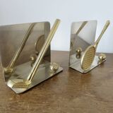 Serre livres en métal chromé et laiton "tennis & golf" années 70