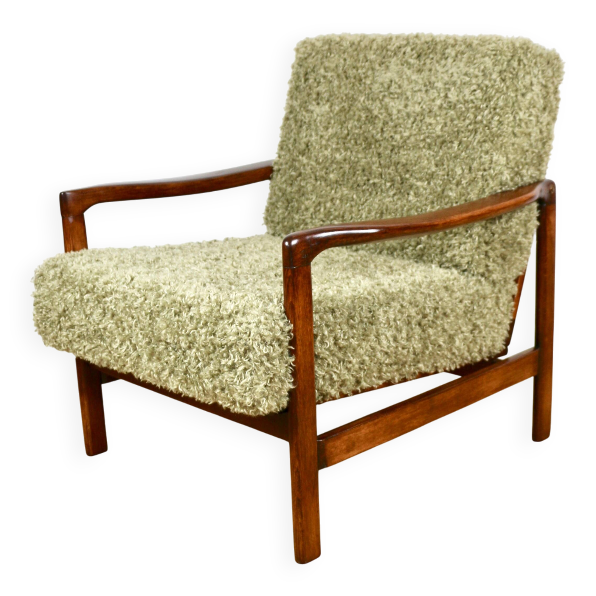 Wooden vintage brown armchair, olive green long hair, design by Z. Bączyk - 2 pieces available