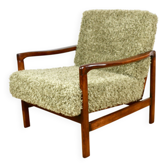 Wooden vintage brown armchair, olive green long hair, design by Z. Bączyk - 2 pieces available