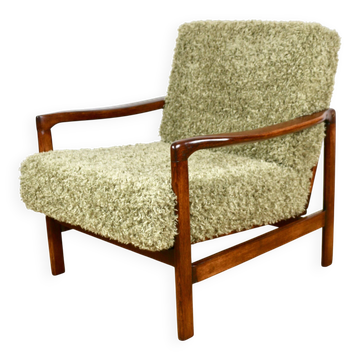 Wooden vintage brown armchair, olive green long hair, design by Z. Bączyk - 2 pieces available
