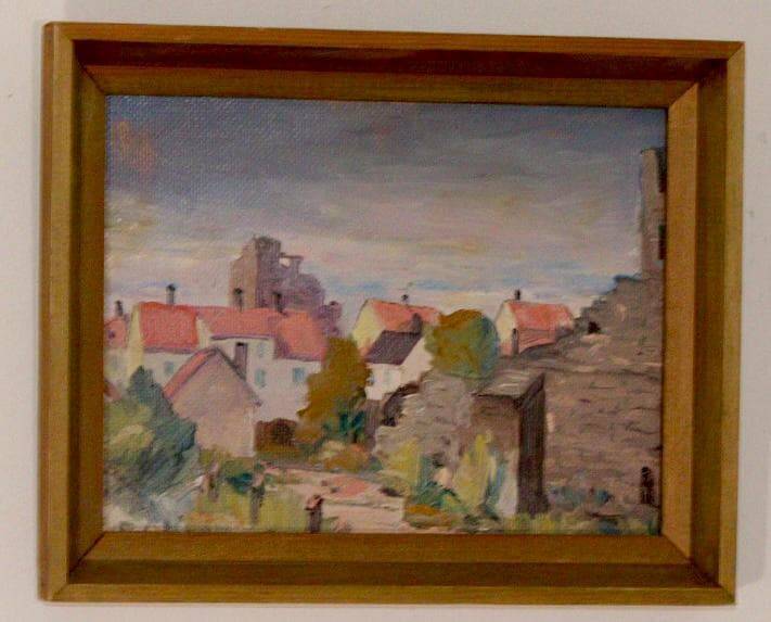 Huile sur panneau suédoise originale du milieu du siècle « Visby City » par ER.OLSSON
