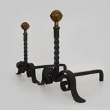 Large pair of wrought iron and brass ball fireplace andirons. 19th century