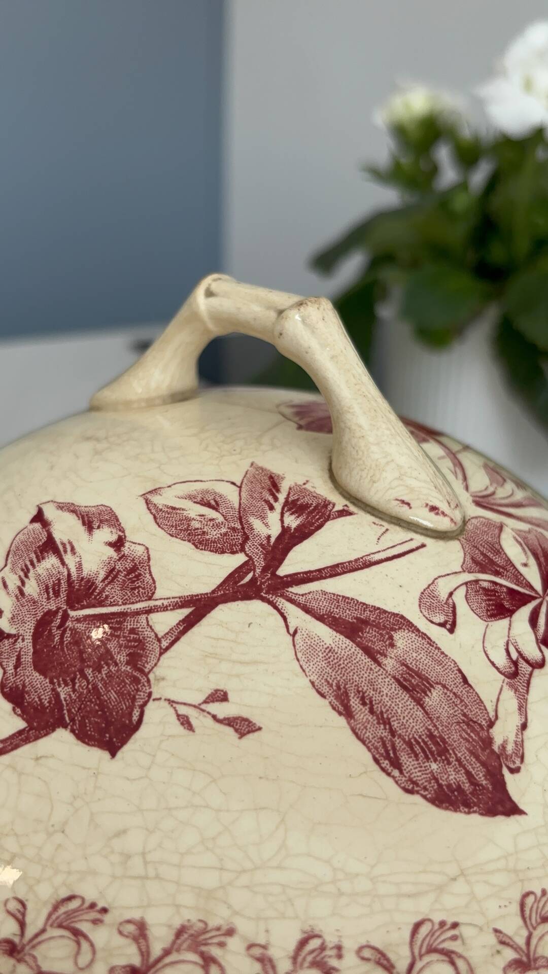 Red earthenware soup tureen, Gien factory, honeysuckle model.