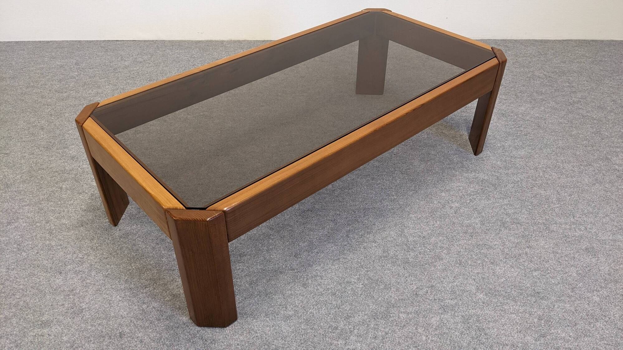 Modernist coffee table in elm and smoked glass, Italy circa 1970.