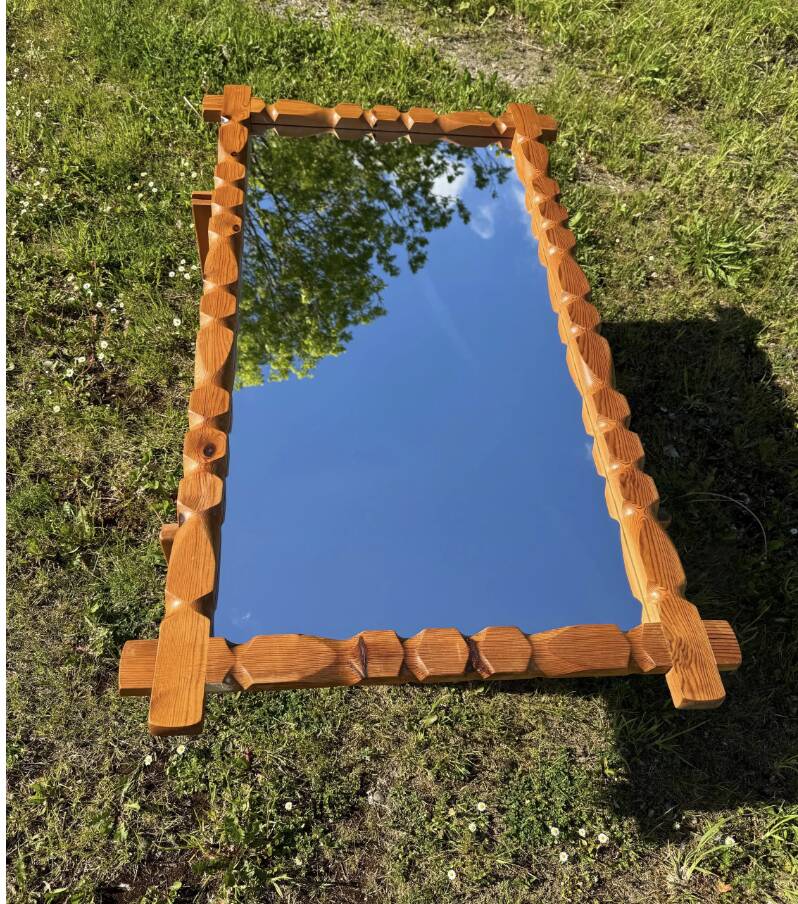 Mirror Glasmäster, Markaryd, Pine Wood Frame, swedish, 1970s, brutalist