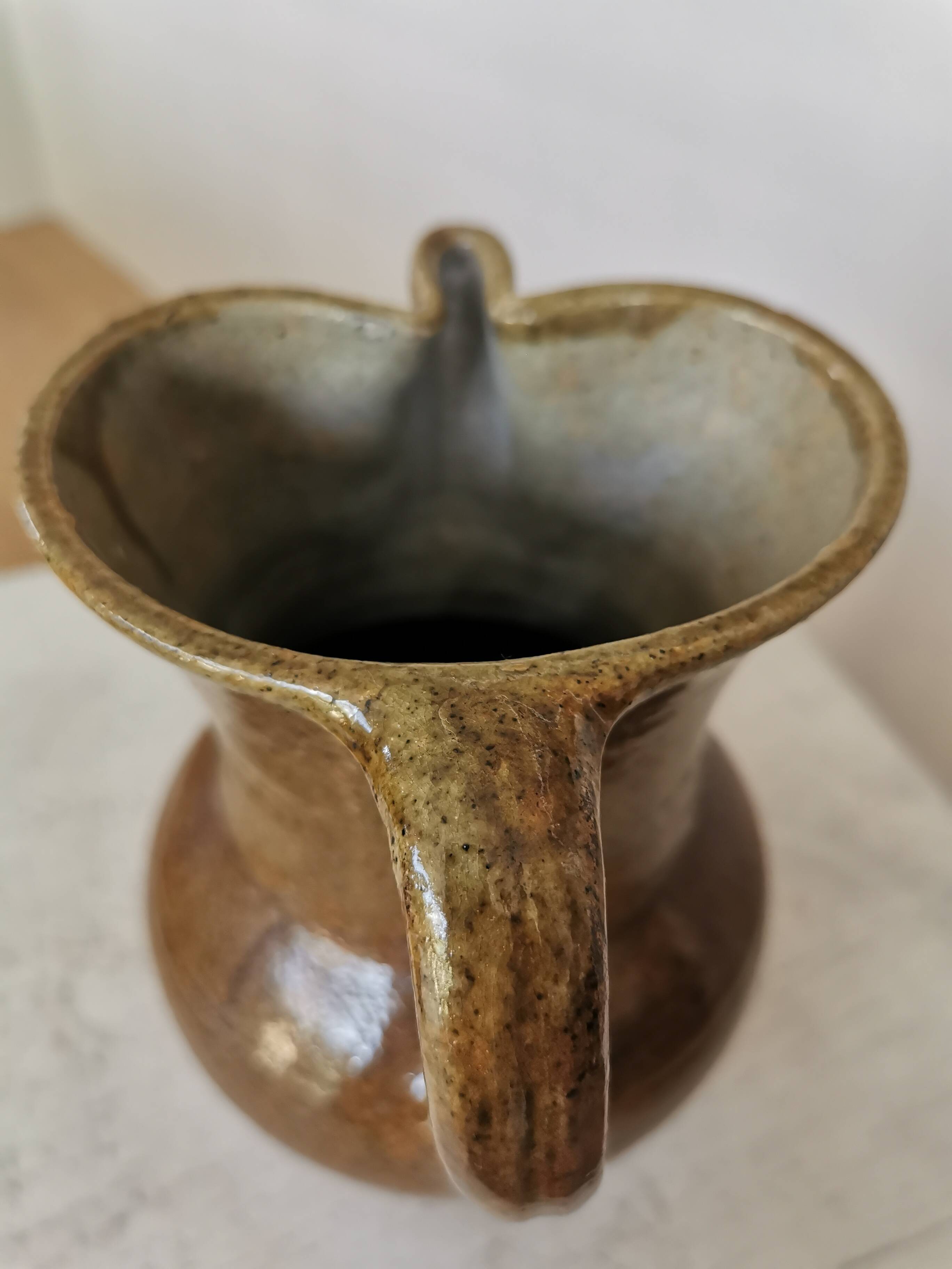 Vintage Studio Pottery Owl Pitcher: Speckled Glaze Stoneware Vase