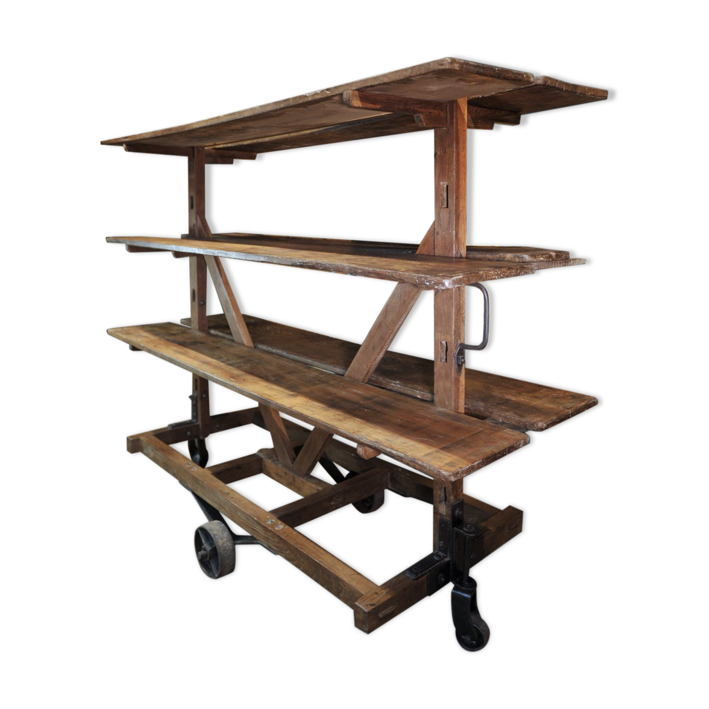 Former wooden factory shelf on metal wheels 1900