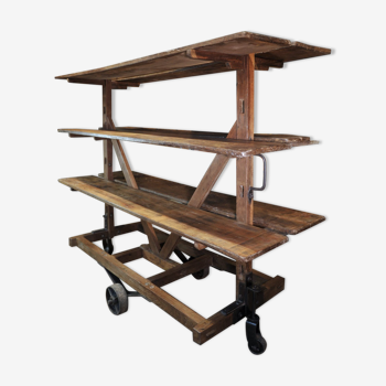 Former wooden factory shelf on metal wheels 1900