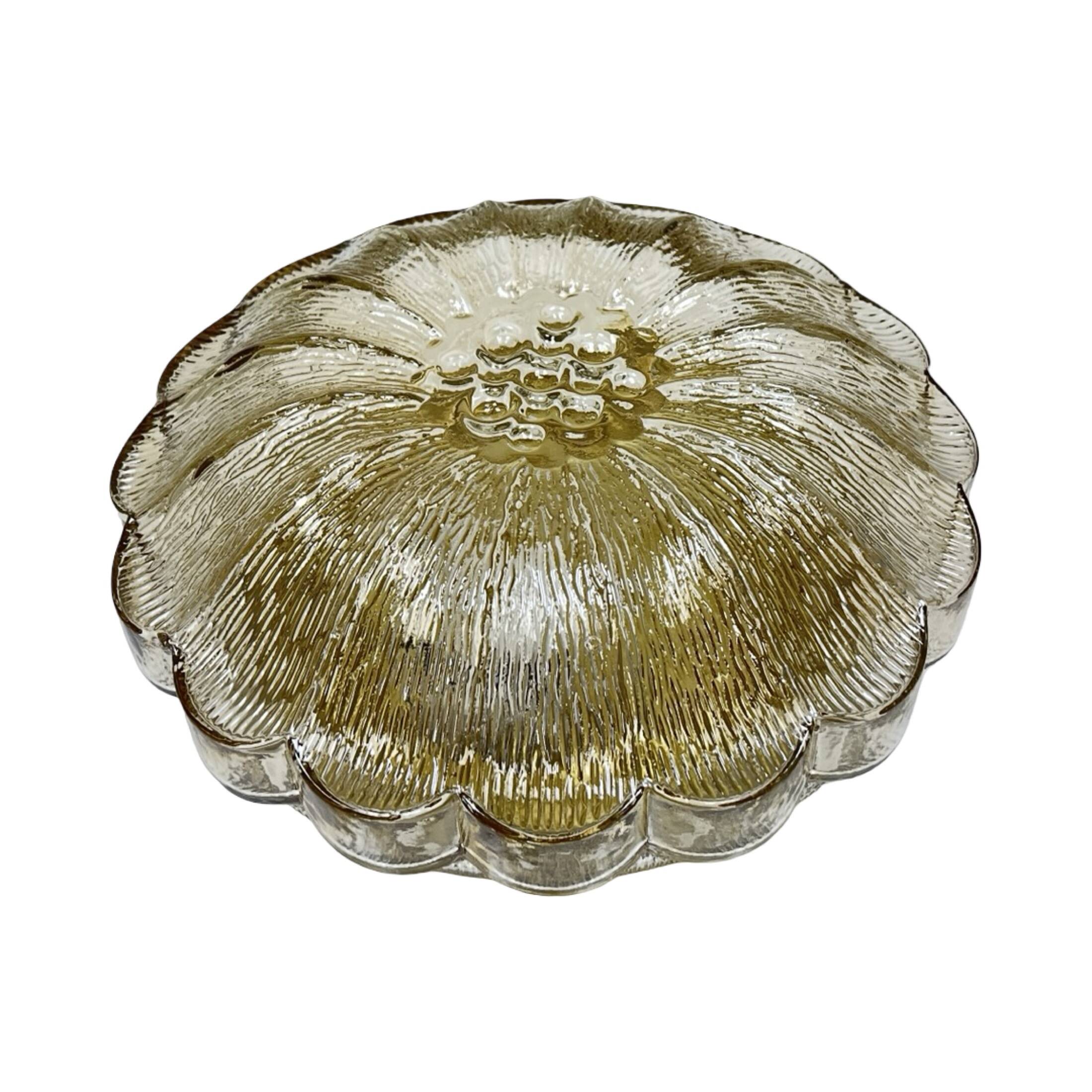 HP Leuchten Amber Flower Ceiling Lamp Pressed Glass Mid-Century Model 65282