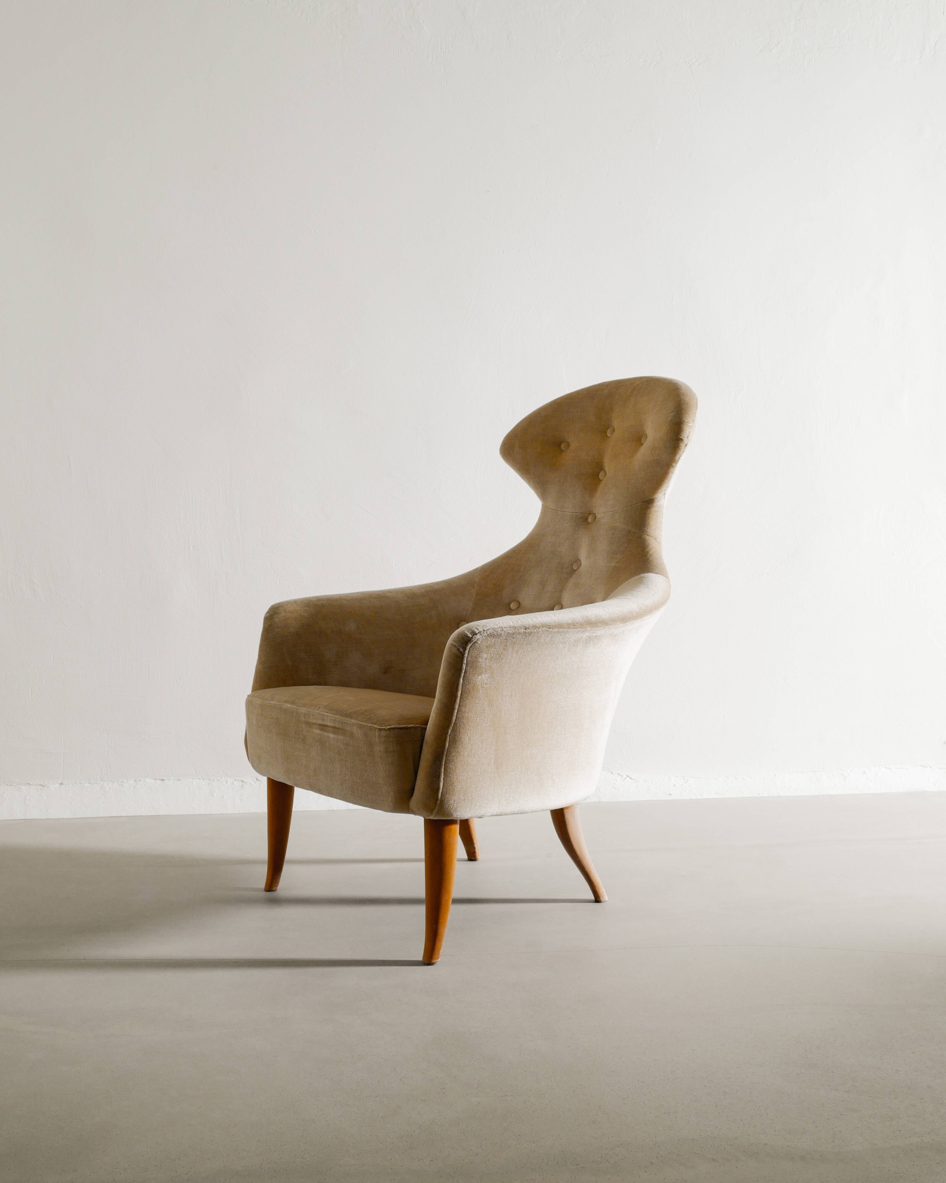 Vintage Swedish Armchair in Wood & Velvet by Kerstin Hörlin-Holmquist 1950s