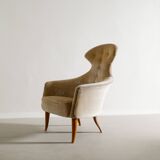 Vintage Swedish Armchair in Wood & Velvet by Kerstin Hörlin-Holmquist 1950s
