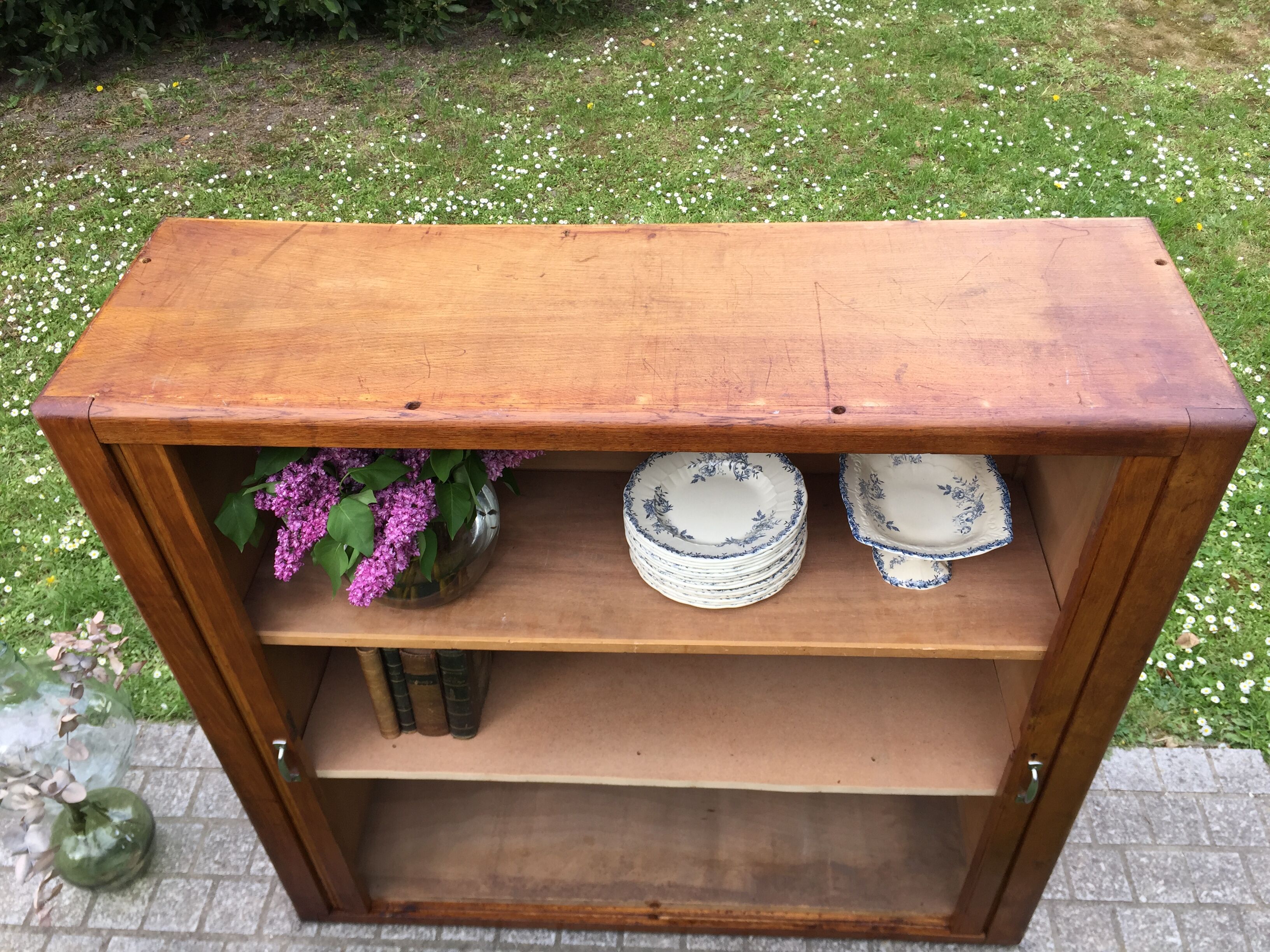 Low cupboard / curtain 1950 vintage blond oak buffet