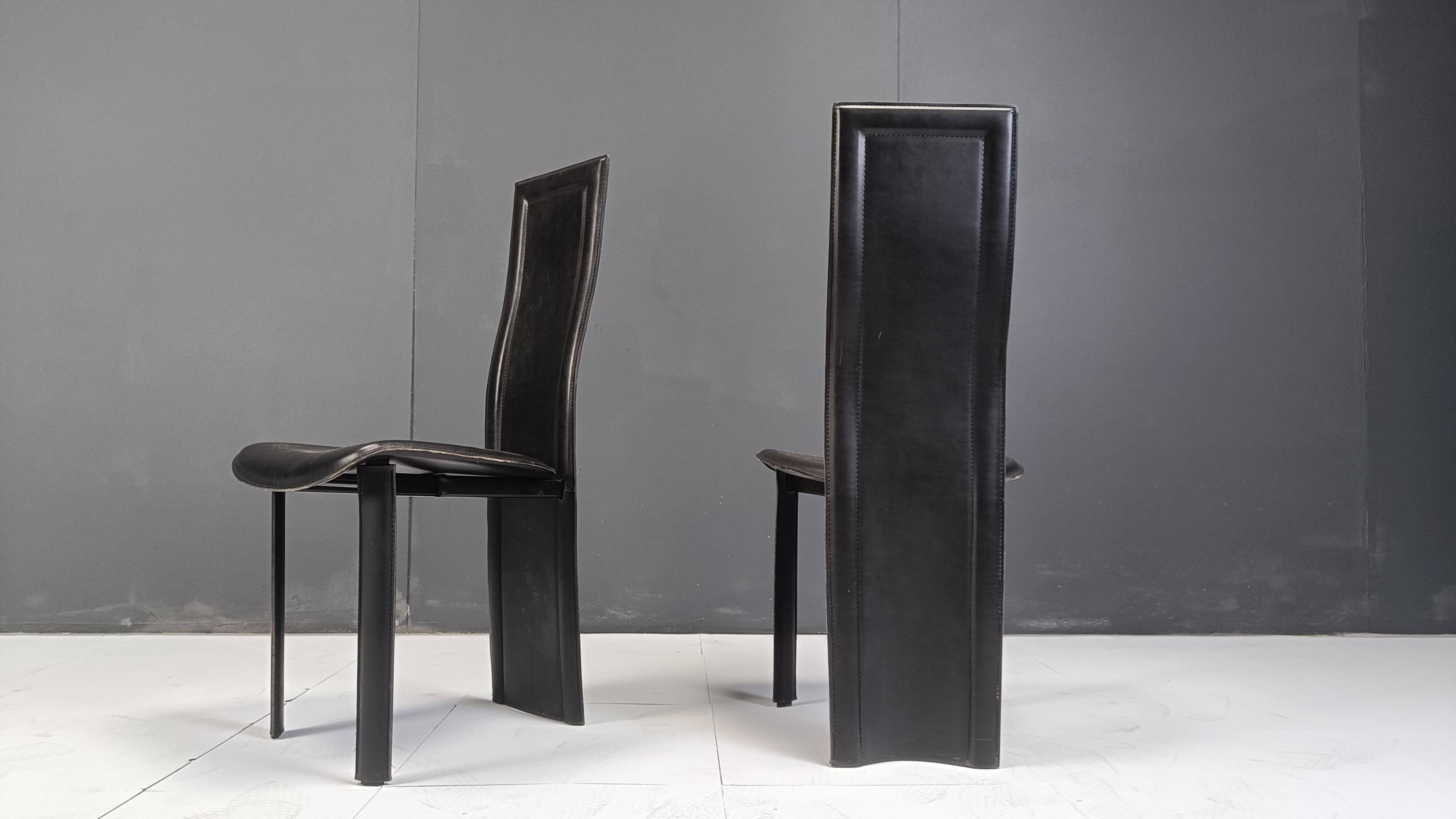 Vintage black leather high back dining chairs, set of 6, 1980s