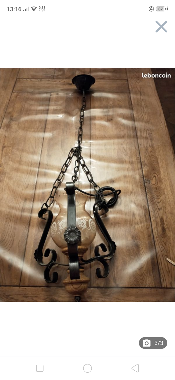 Lustre vintage méta bois et verre